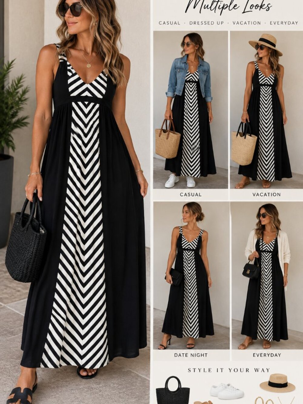 Apt. 9 Black White Chevron Maxi Dress Sleeveless Size M